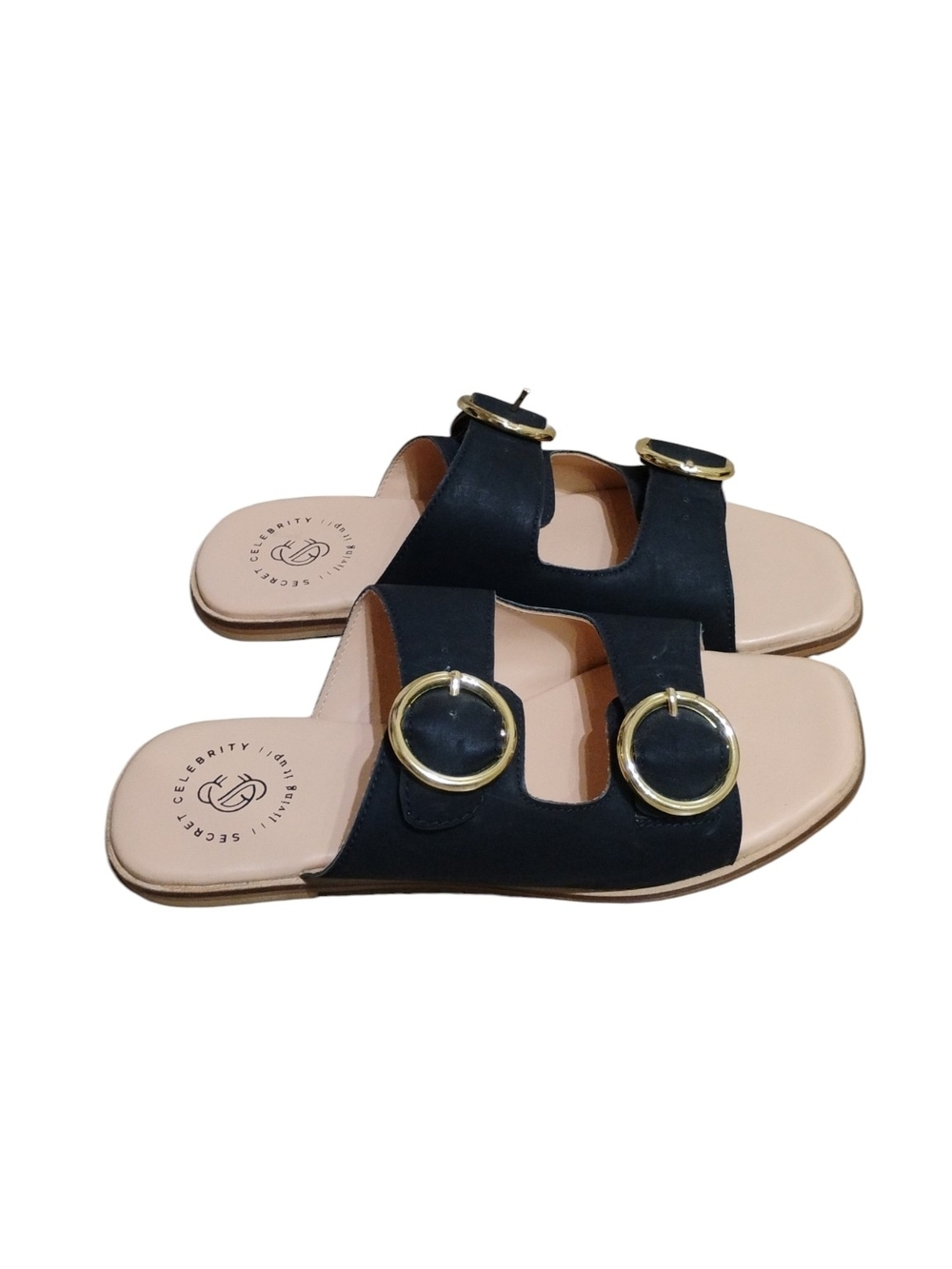 Secret Celebrity Black Double-Buckle Slide Sandals w Gold Accents SZ 8
